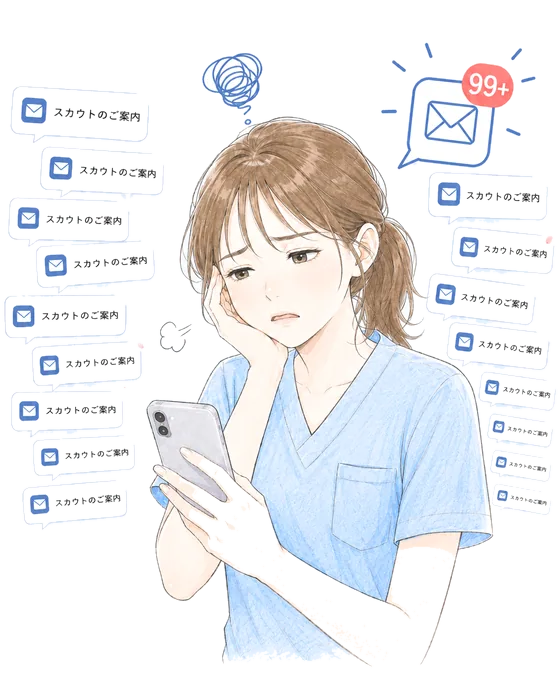 スカウトの通知が大量に届いて困っている歯科衛生士のイラスト